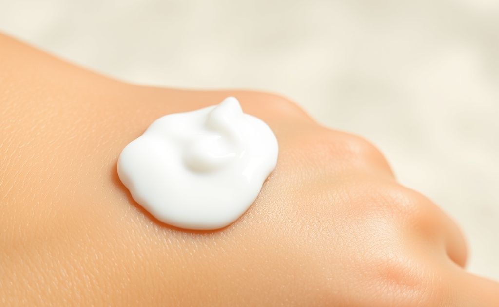 A soothing cream applied to irritated skin with a sun background.