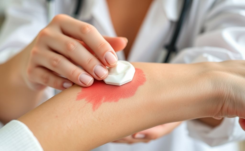A soothing cream applied to red, irritated skin on an arm.