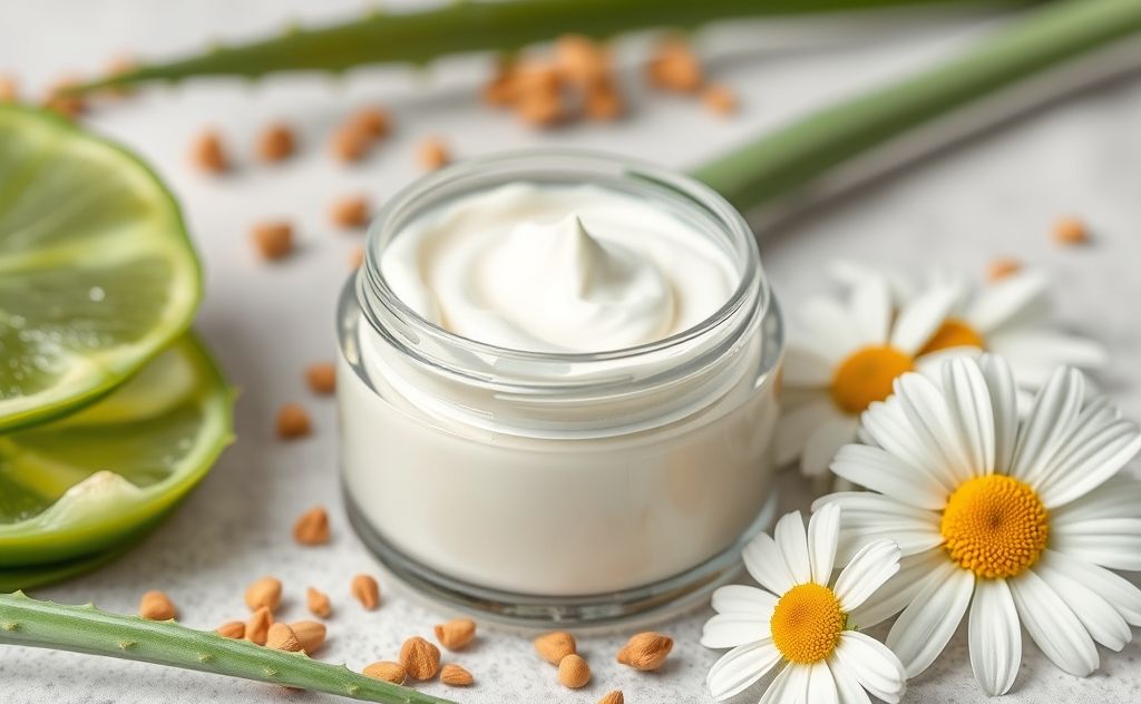 A soothing cream jar surrounded by natural ingredients like aloe and chamomile.