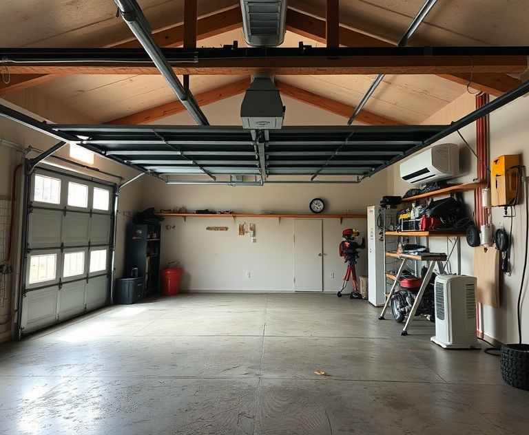A spacious garage with a forced-air heater in action.