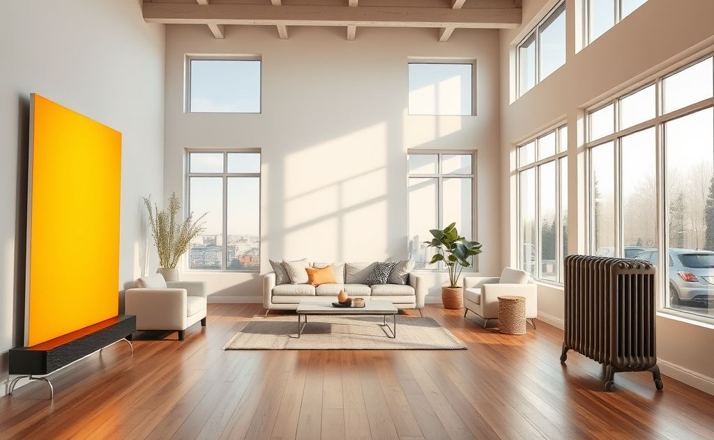 A spacious room featuring an infrared and oil-filled heater.