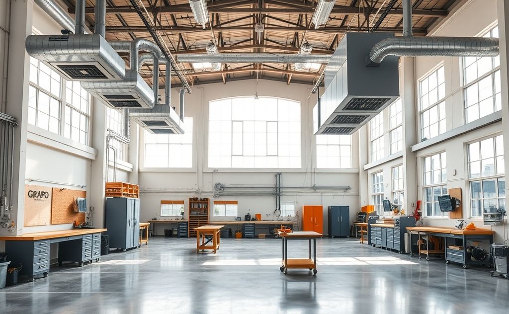 A spacious workshop with efficient heating and cooling systems.