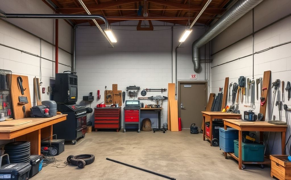 A spacious workshop with efficient heating systems and tools.