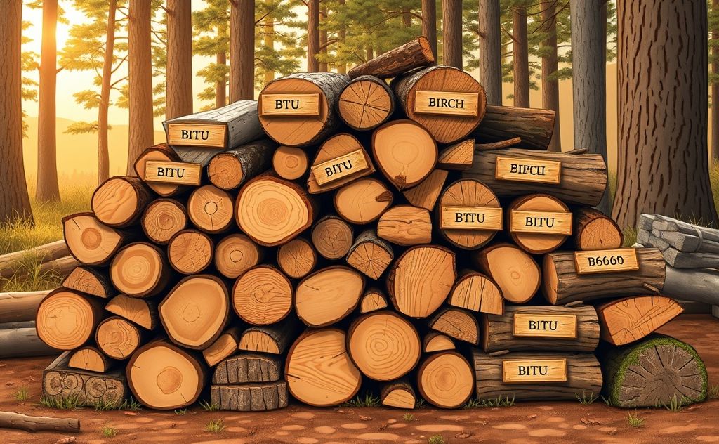A stack of firewood with different types labeled for BTU comparison.