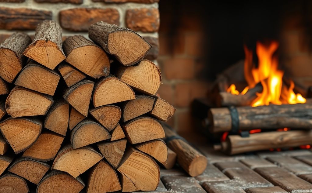 A stack of seasoned firewood beside a cozy, warm fireplace.