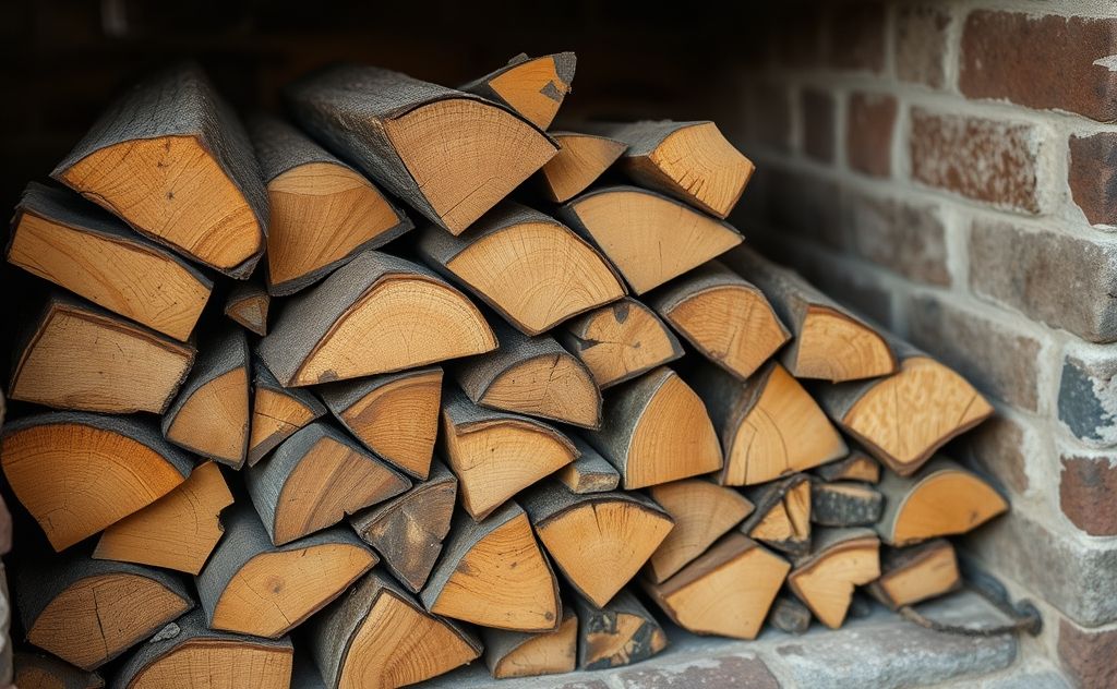 A stack of seasoned firewood in a cozy, rustic setting.