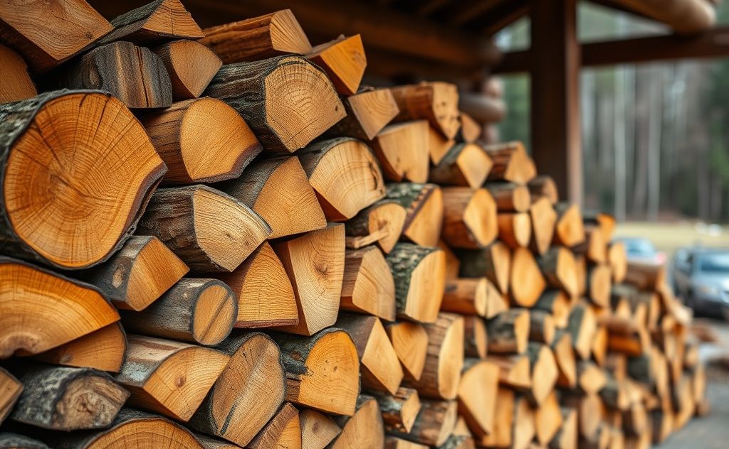 A stack of seasoned hardwood logs ready for home heating.