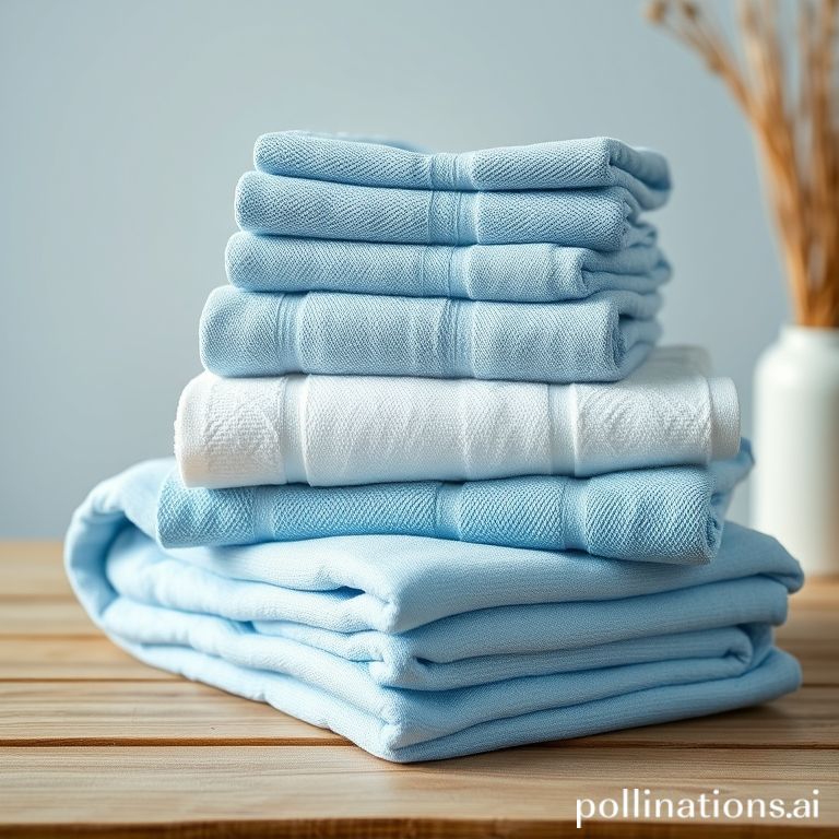 Tumpukan handuk lembut warna biru di meja kayu