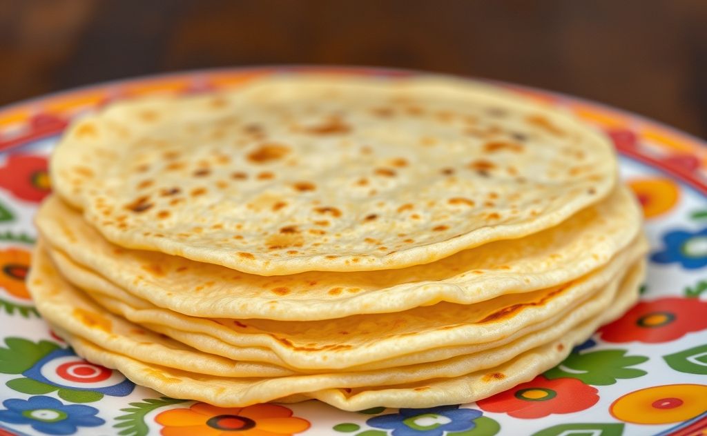 A stack of warm corn tortillas on a colorful plate.
