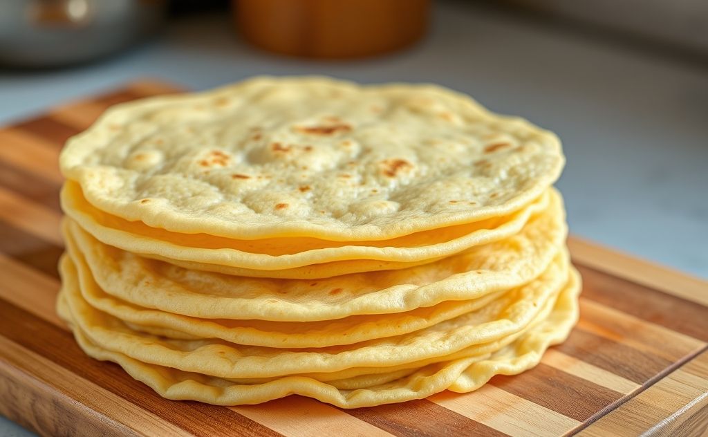 A stack of warm corn tortillas on a wooden cutting board.