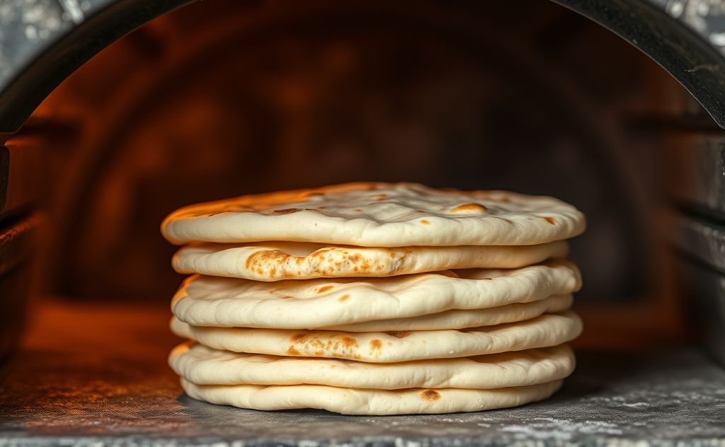 A stack of warm pita bread emerging from an oven.