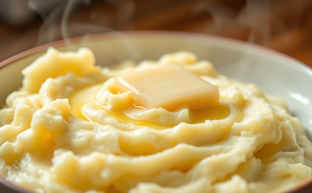 A steaming bowl of creamy mashed potatoes with a buttery topping.
