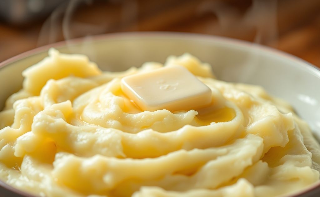 A steaming bowl of creamy mashed potatoes with butter melting on top.