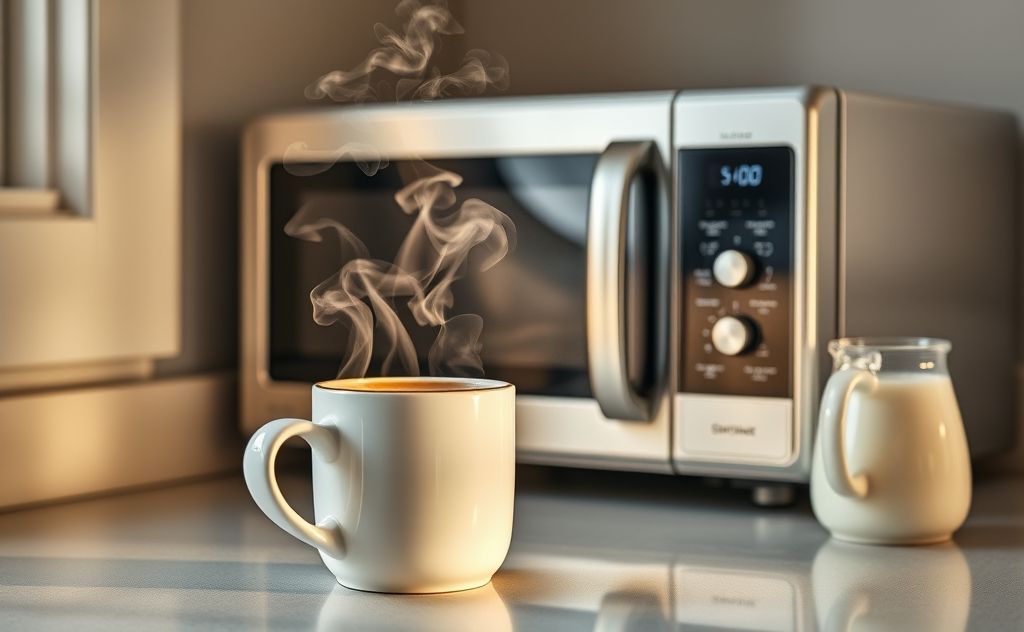 A steaming cup of coffee next to a microwave with milk nearby