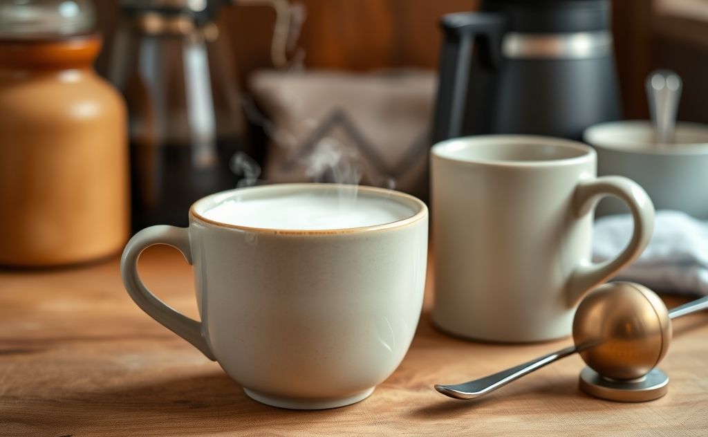 A steaming cup of milk beside a coffee mug and a frother.