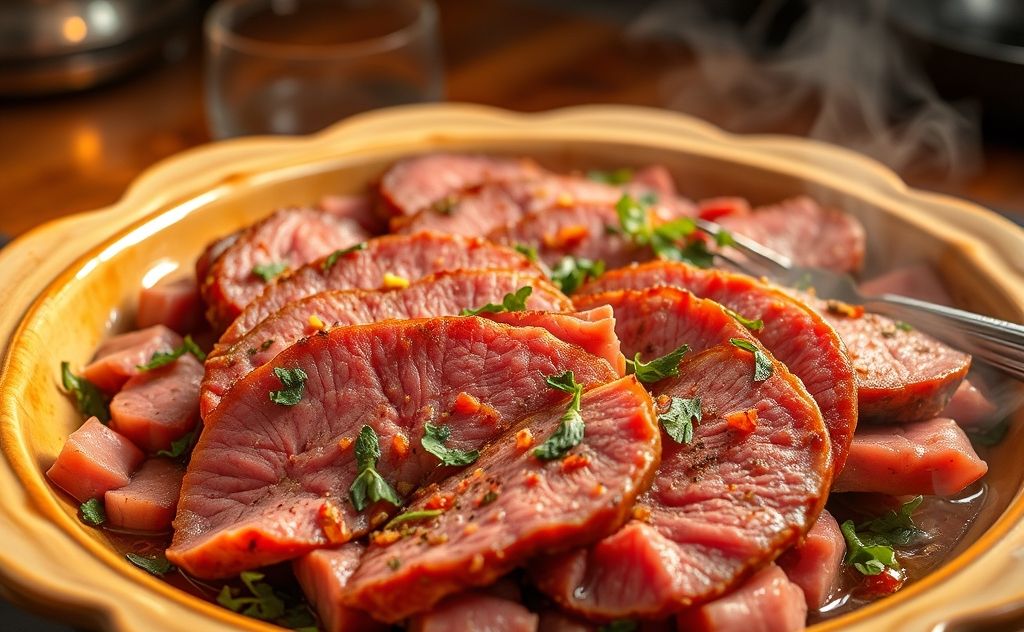 A steaming plate of sliced corned beef with herbs and spices.