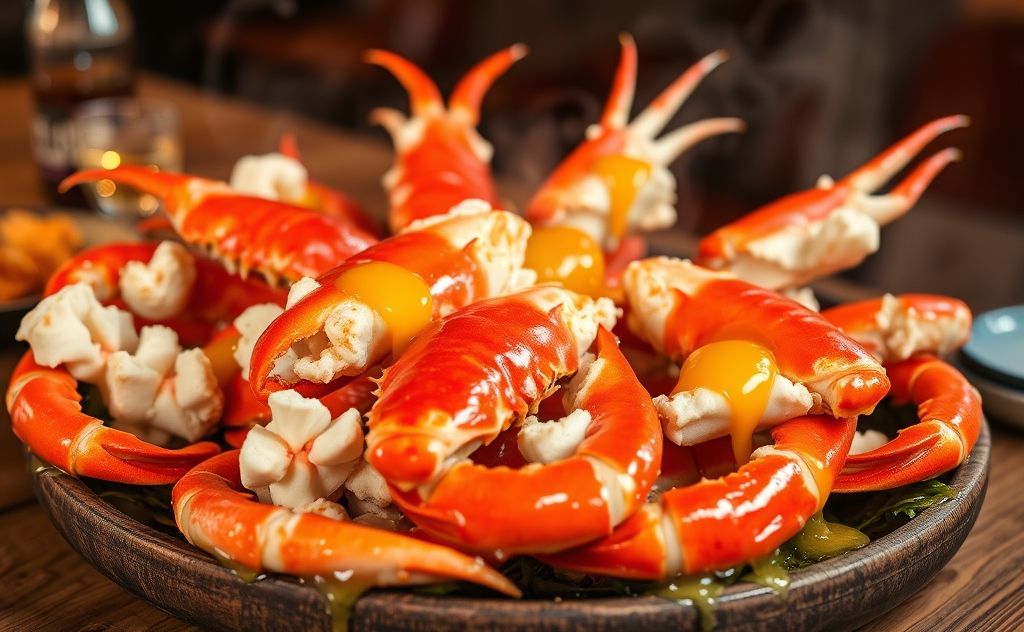 A steaming plate of succulent king crab legs with melted butter.