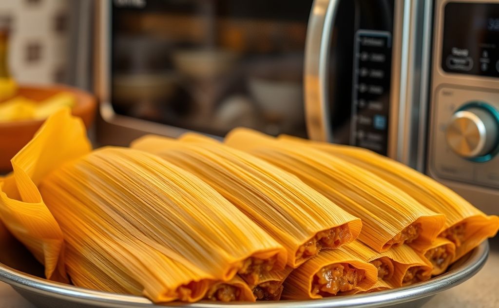 A steaming plate of tamales next to a microwave.