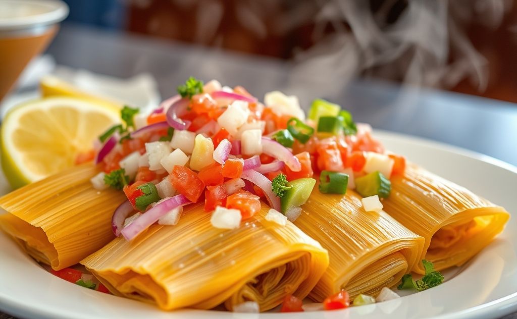 A steaming plate of tamales with vibrant toppings.