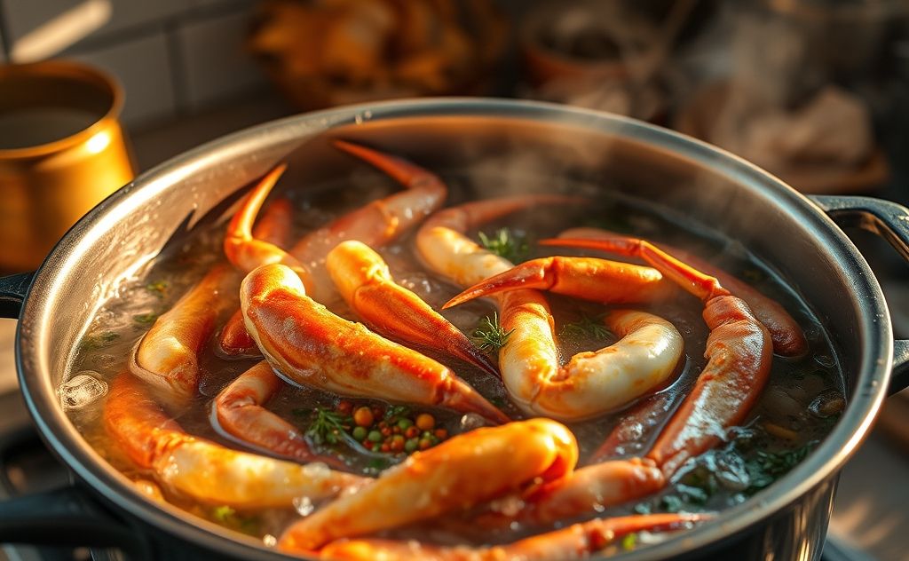 A steaming pot of crab legs being heated with herbs and spices.