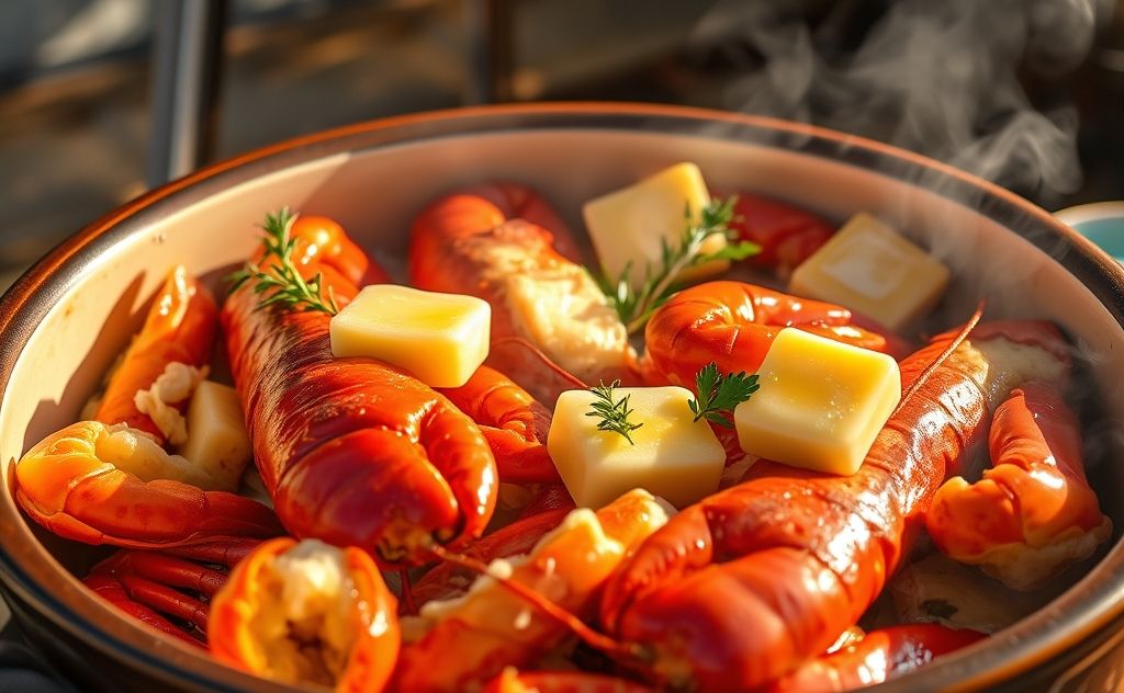 A steaming pot of lobster with herbs and melted butter.