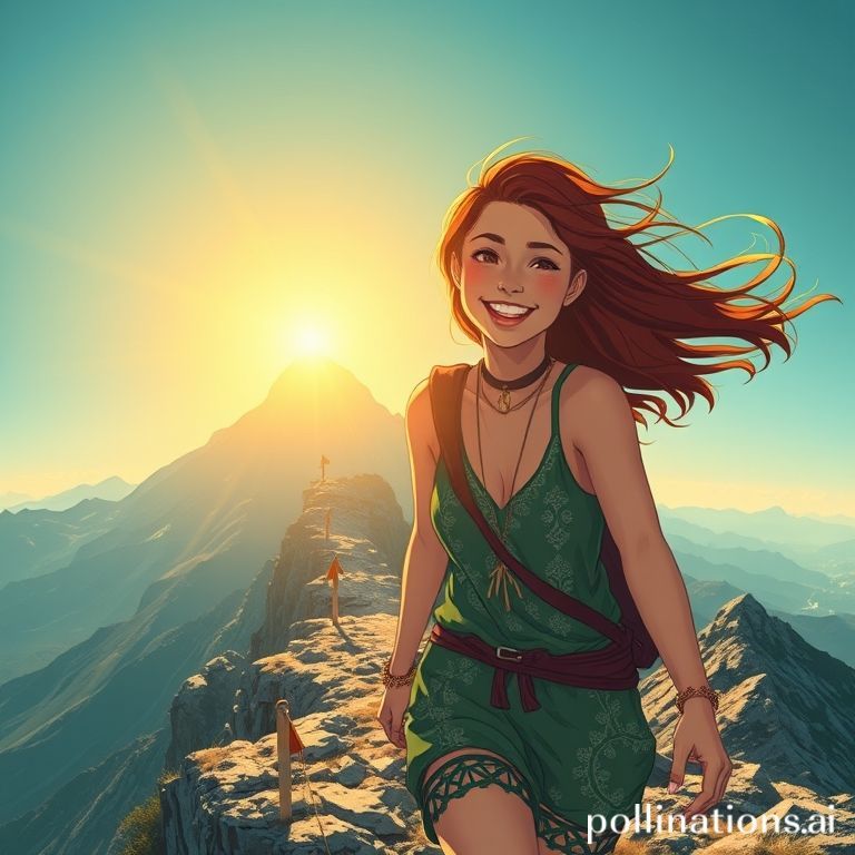 修行プラン：笑顔で頂上を目指して山を登る女性（同世界観のアニメ調）