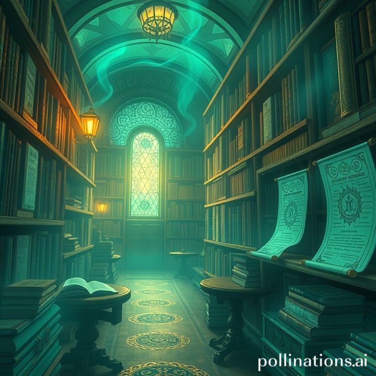 神秘的な図書館で光る巻物と本：知識と安心感を象徴するビジュアル