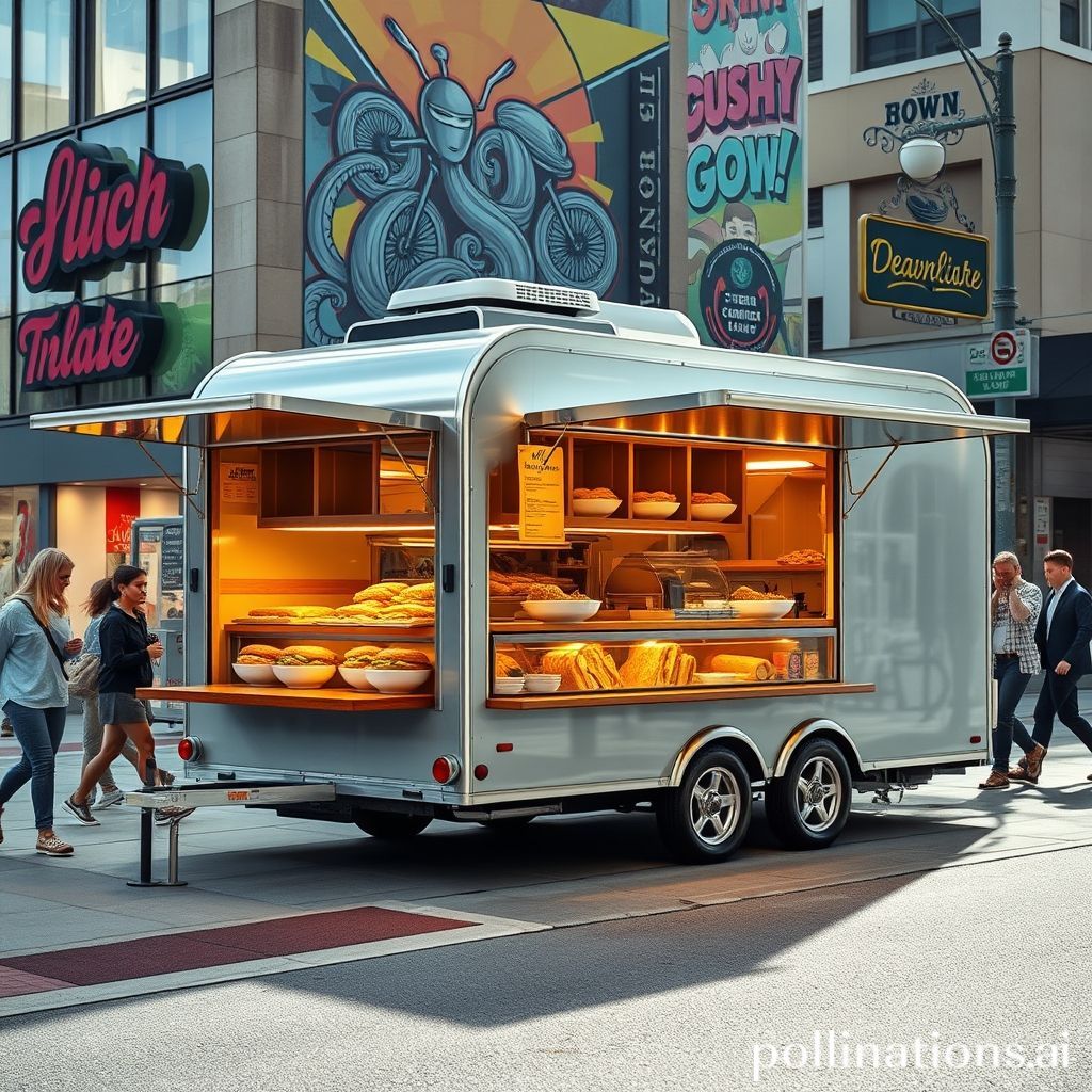 Sleek sandwich food trailer parked at a street corner, serving hot sandwiches