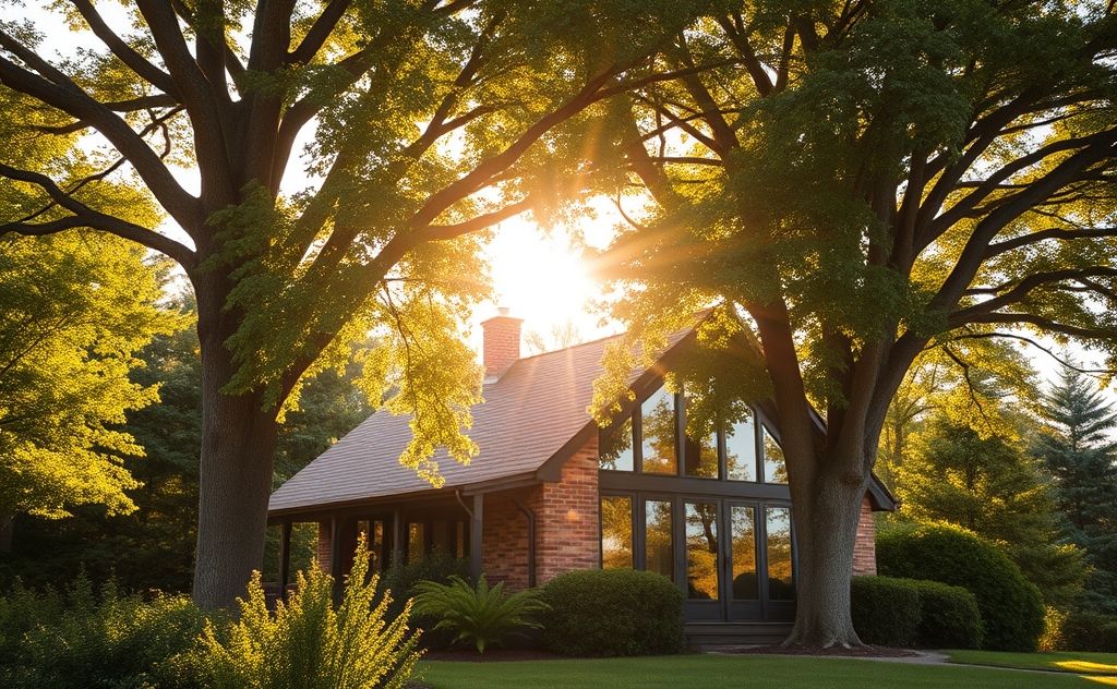 A sun-drenched house surrounded by tall trees and reflective window shades.