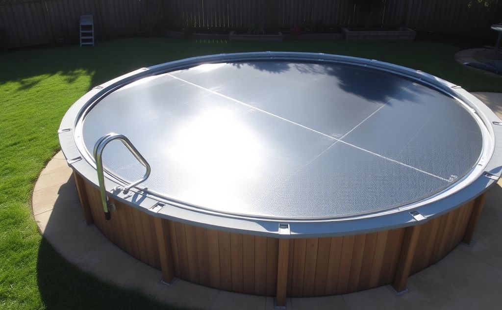A sunlit above ground pool with a solar cover and heating system.