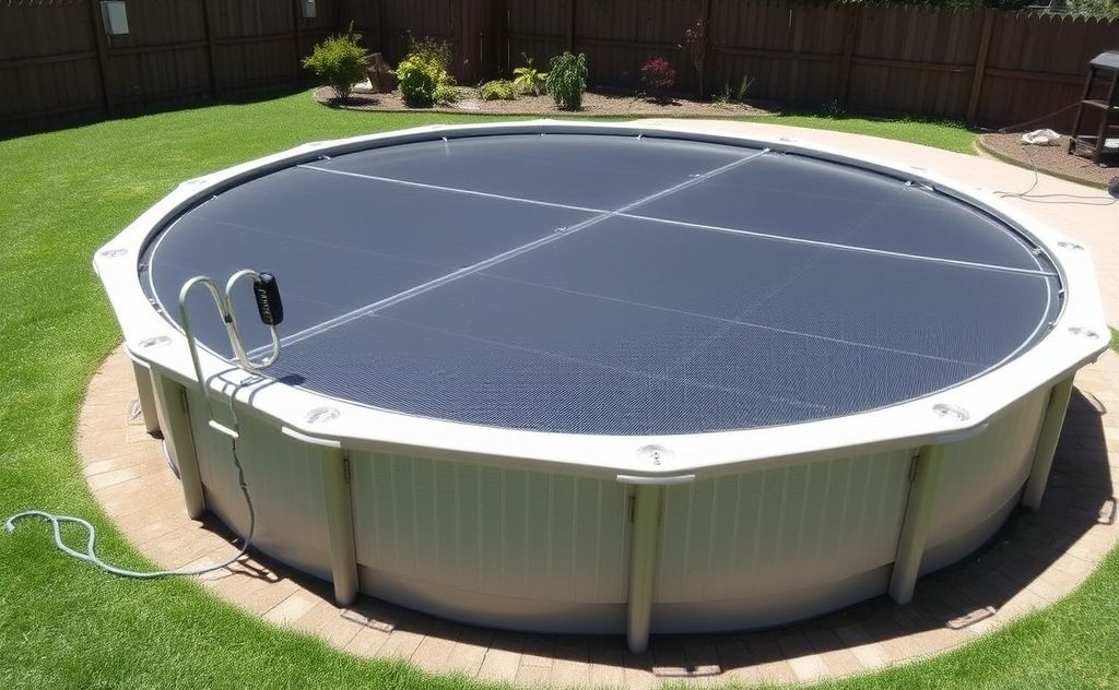 A sunny above ground pool with a solar cover and heating system.