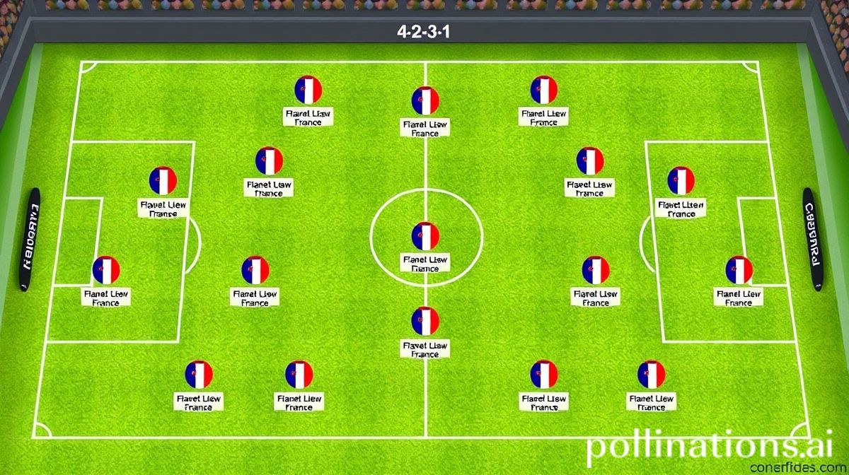 A detailed tactical football board showcasing France's anticipated 4-2-3-1 formation, highlighting key player roles.