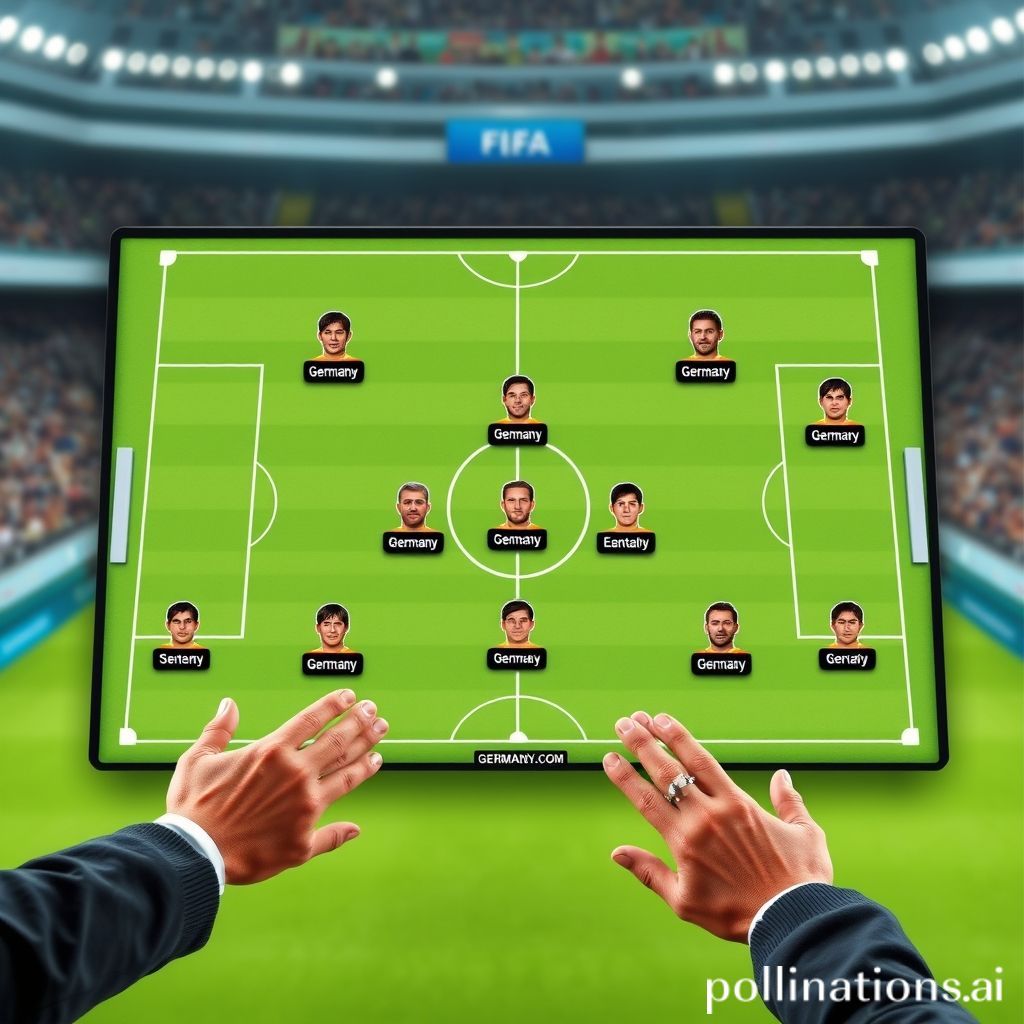 A tactical football whiteboard showing Germany's likely 4-3-3 formation, with player icons representing key positions. The coach's hands are gesturing towards an attacking strategy.