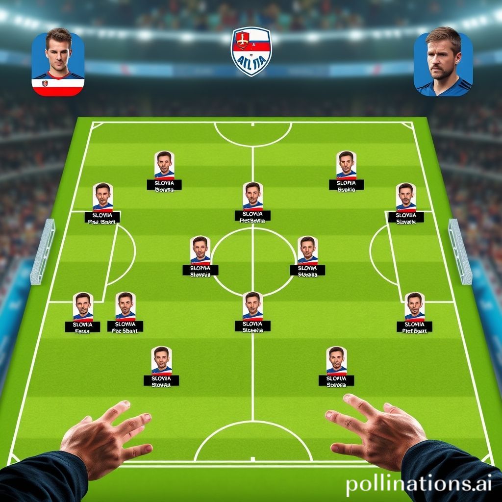 A tactical football whiteboard displaying Slovakia's predicted 4-2-3-1 formation, with player positions marked by magnetic icons. A coach's hand points to a strategic movement.