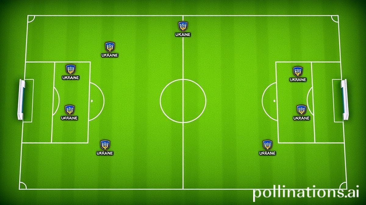 A tactical football board displaying Ukraine's predicted 4-3-3 formation with player positions and strategic notes.