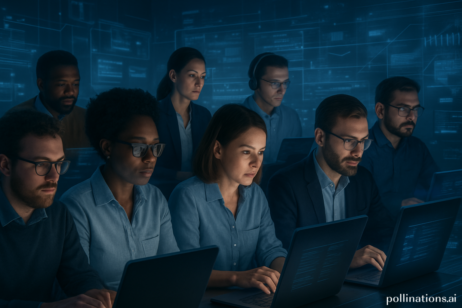 taller de formación docente usando el generador avanzado; periodistas y divulgadores frente a pantallas colaborando digitalmente