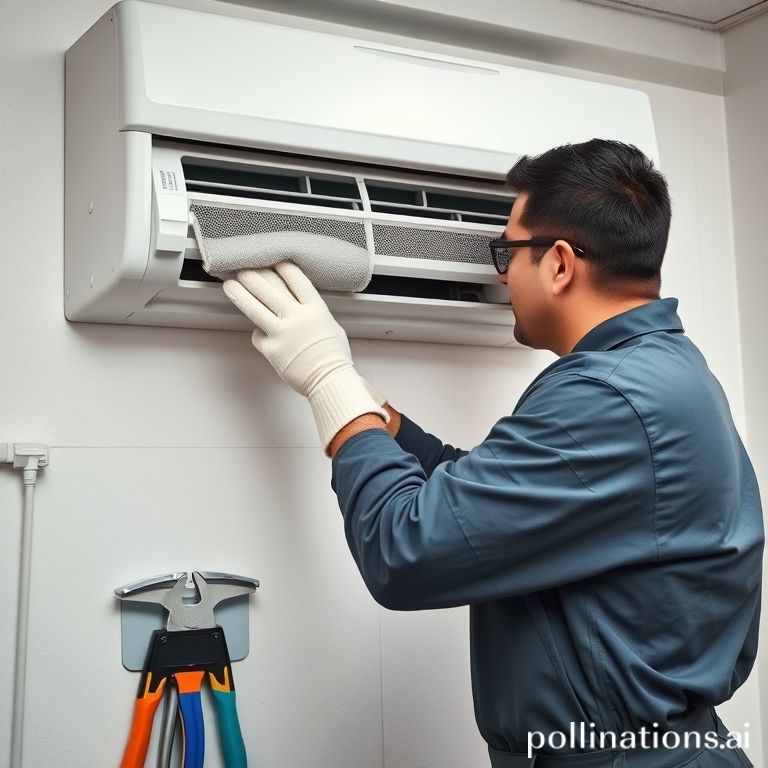 Teknisi sedang membersihkan unit AC indoor