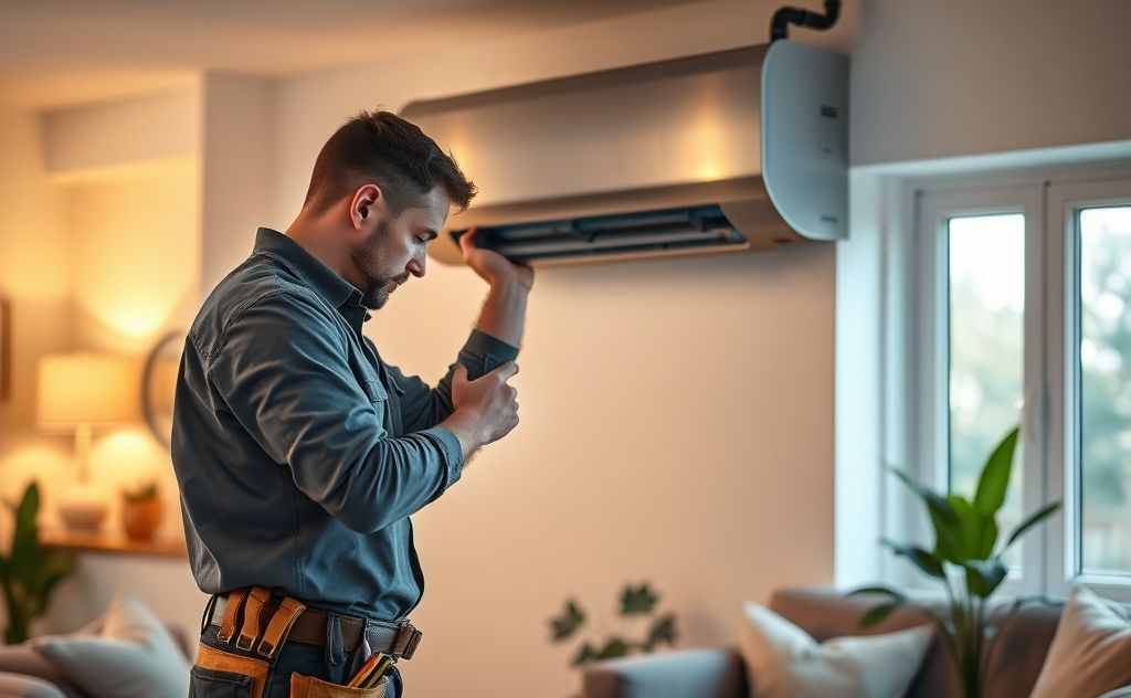 A technician inspecting a modern HVAC unit in a home setting.