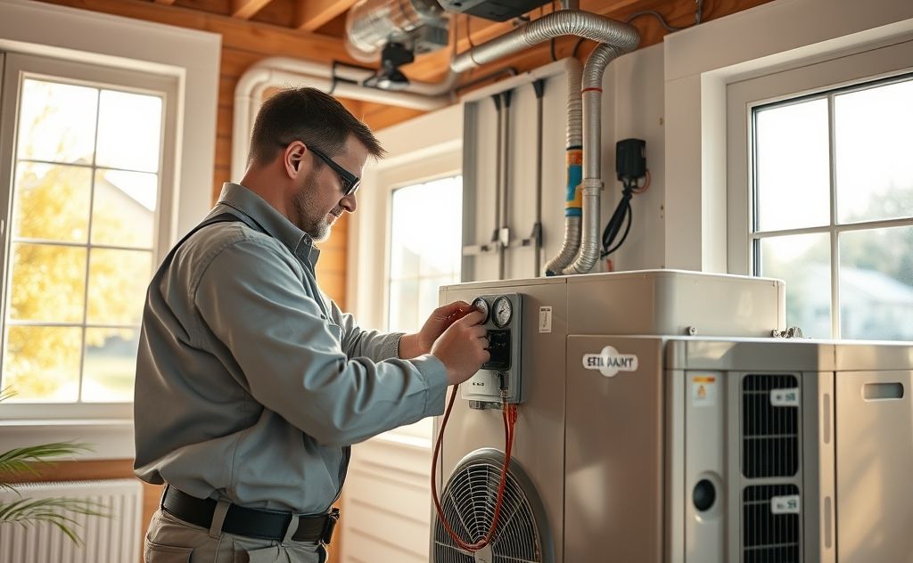 A technician installing a heat pump in a residential setting.