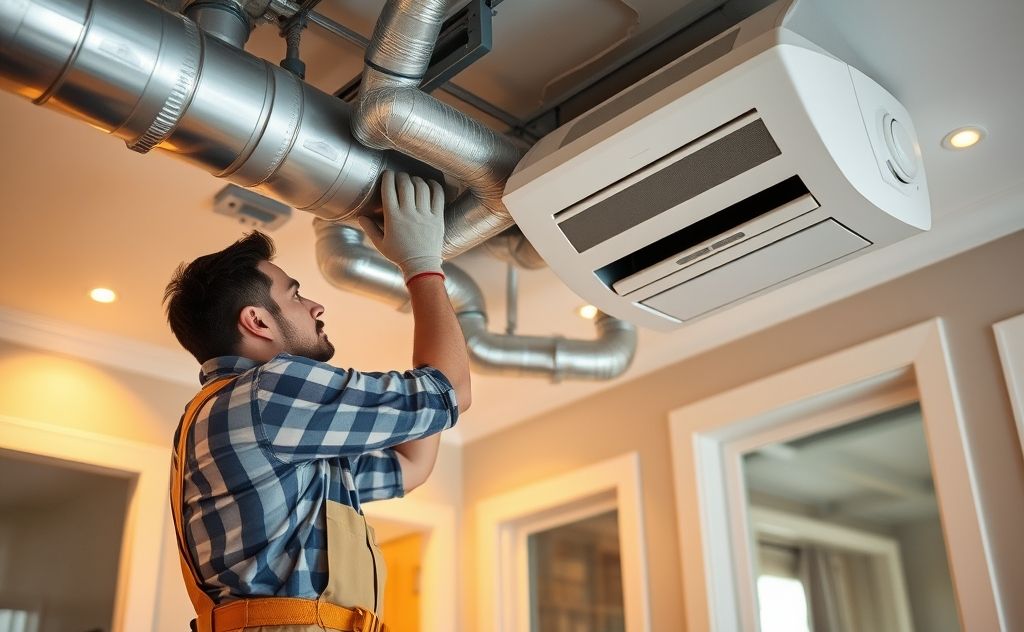 A technician installing a heating and cooling system in a home.