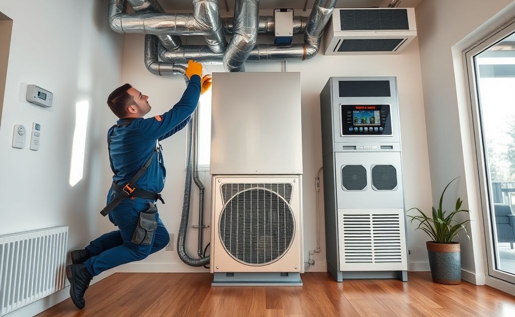 A technician installing a heating and cooling unit in a home.