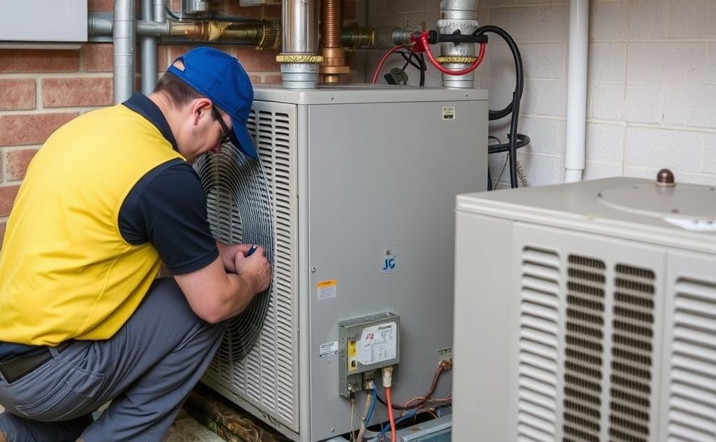 A technician repairing a commercial heating unit in Hardeeville.