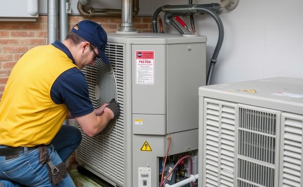 A technician repairing a commercial heating unit in Hilton Head.