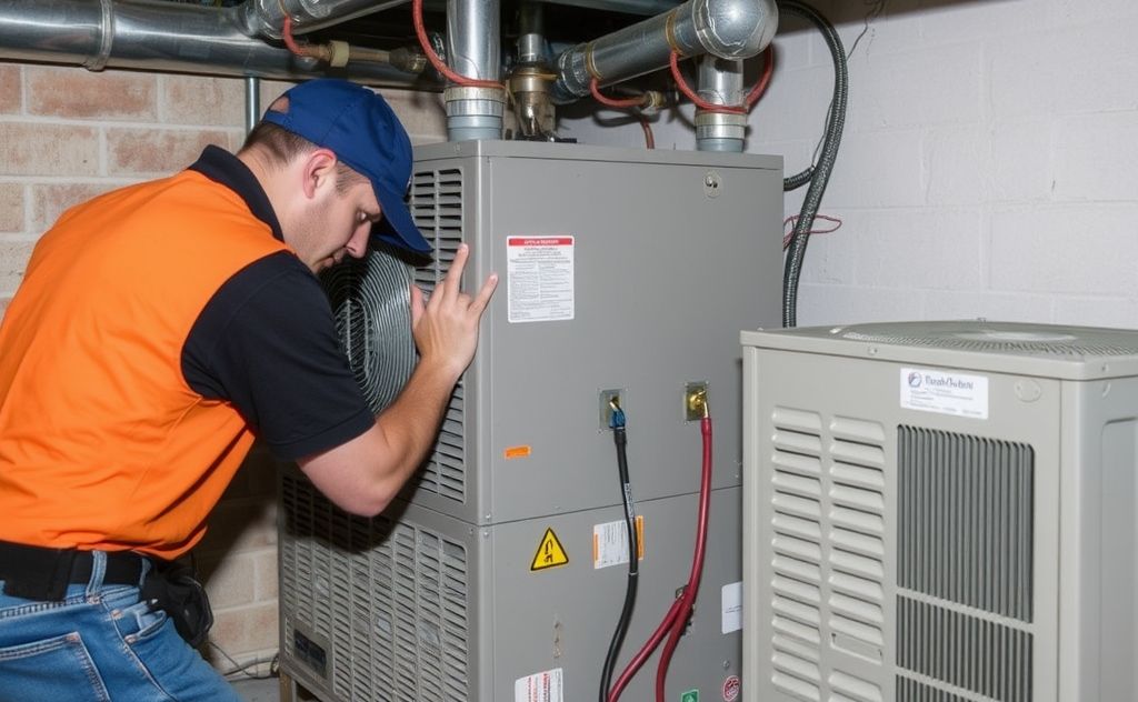 A technician repairing a commercial heating unit in Knoxville.