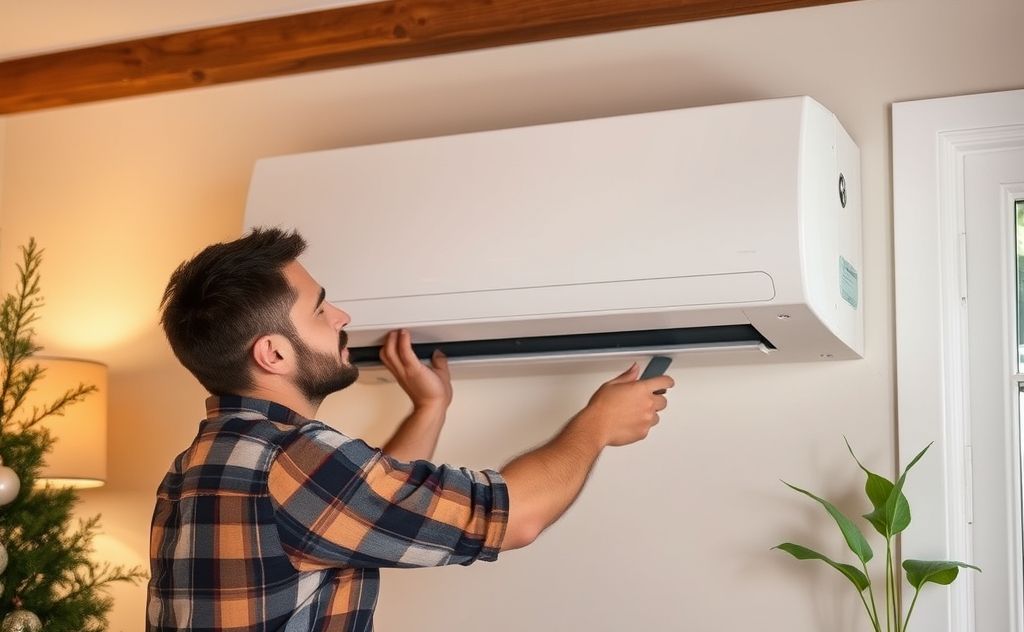 A technician repairing a ductless heating unit in a cozy home setting.