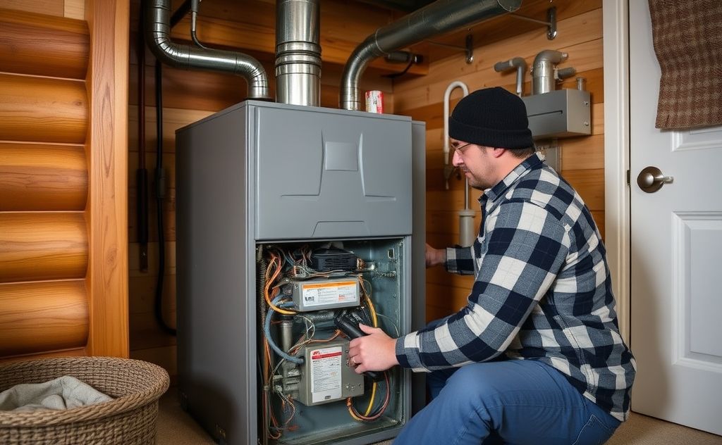 A technician repairing a furnace in a cozy Anchorage home.