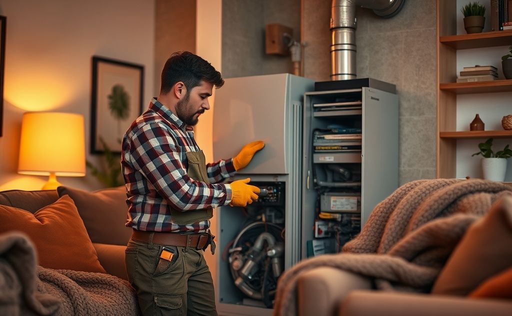 A technician repairing a furnace in a cozy home setting.