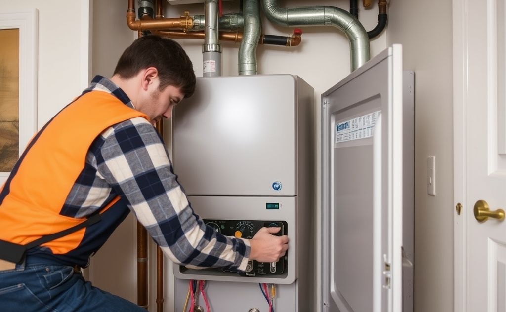 A technician repairing a gas heating system in a home setting.