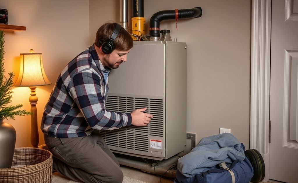 A technician repairing a heater in a cozy Loveland home environment.