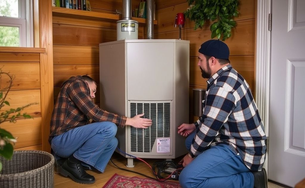 A technician repairing a heater in a cozy Roseburg home.